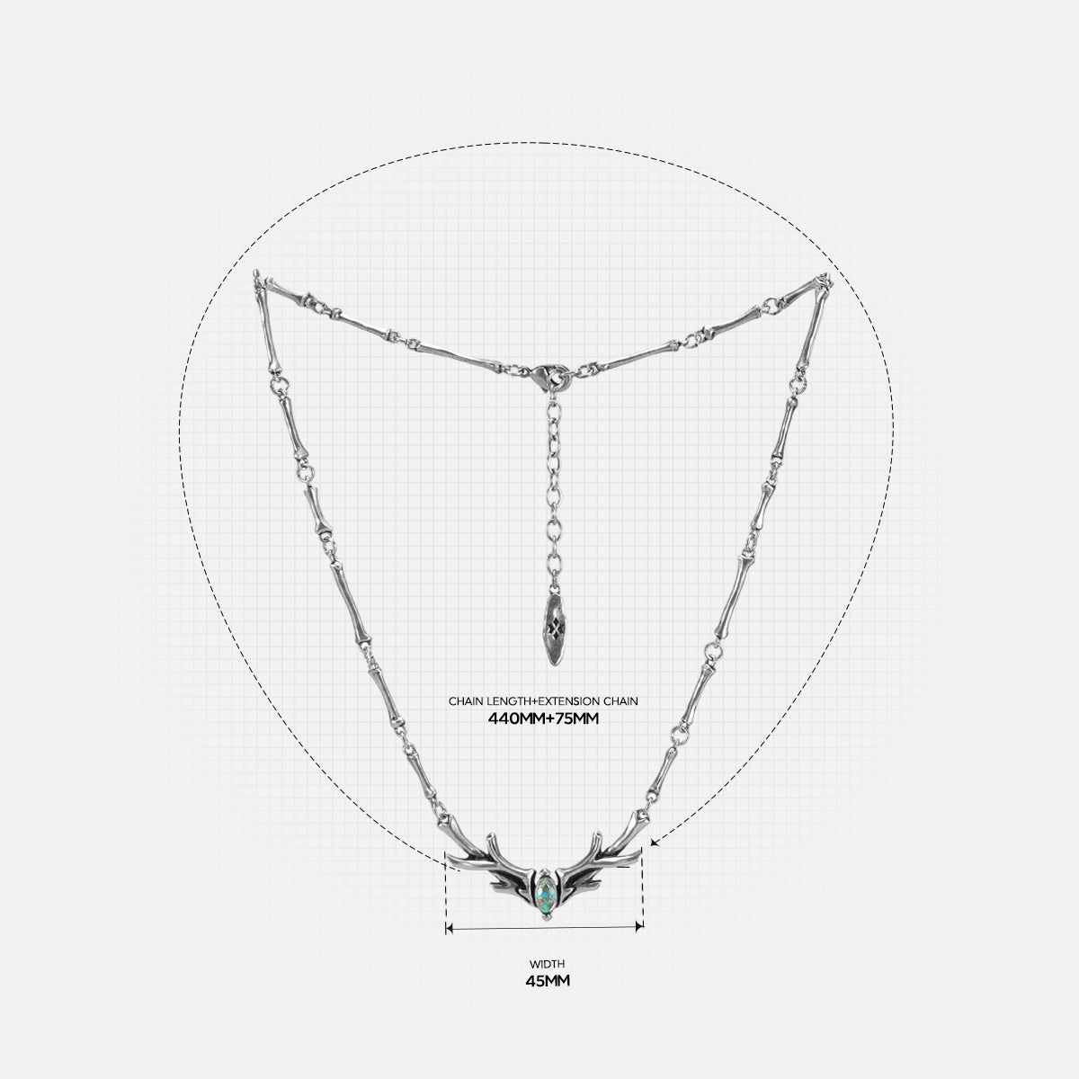 Sacred Antler Collar Necklace size guide showing chain length and pendant proportions