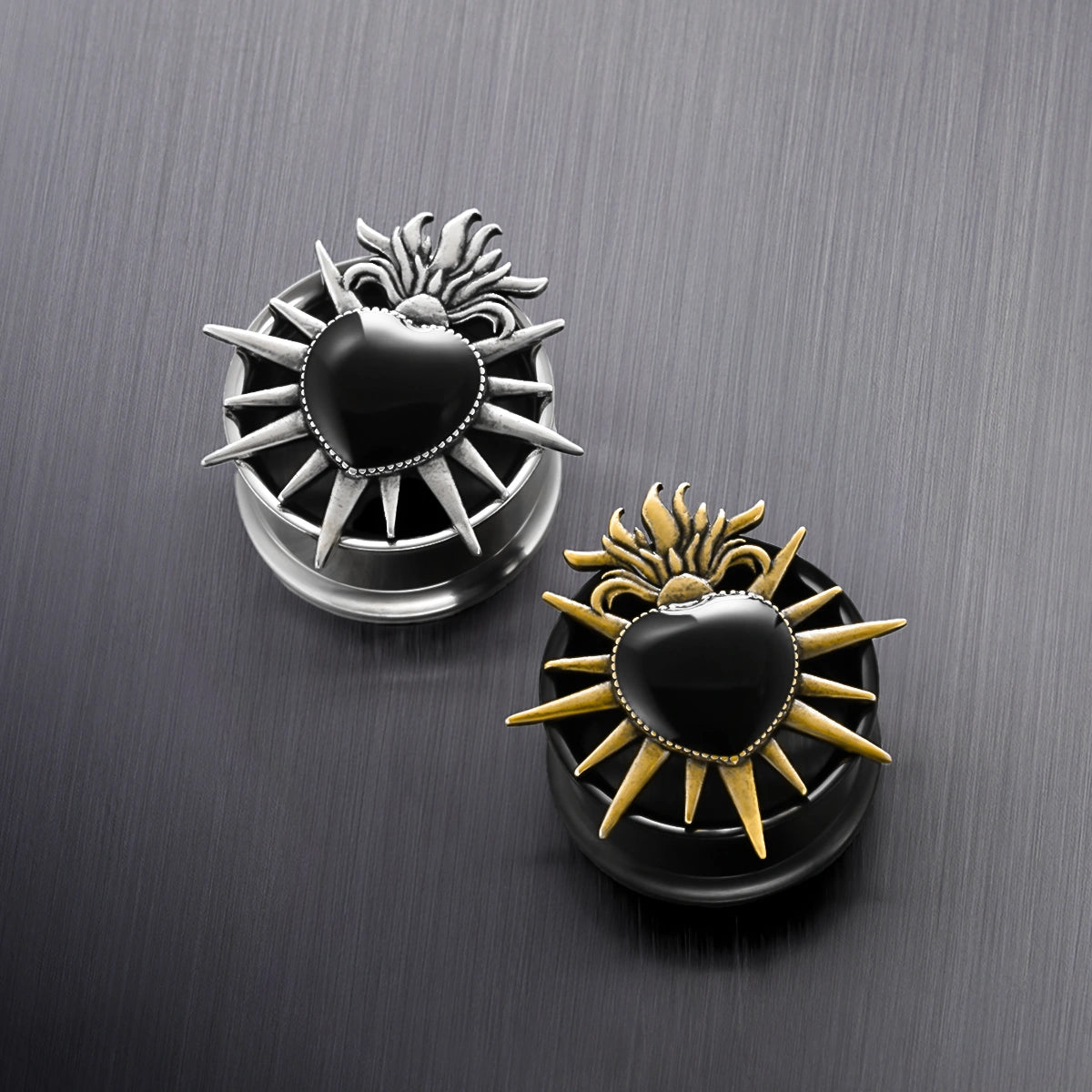 Silver and gold Sacred Flame Heart tunnels with black heart centers