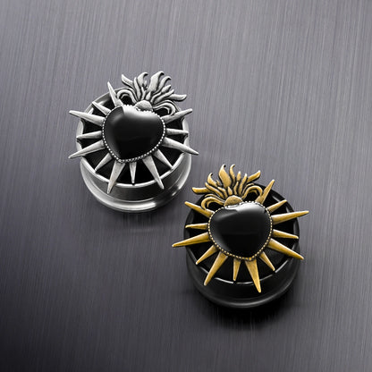 Silver and gold Sacred Flame Heart tunnels with black heart centers