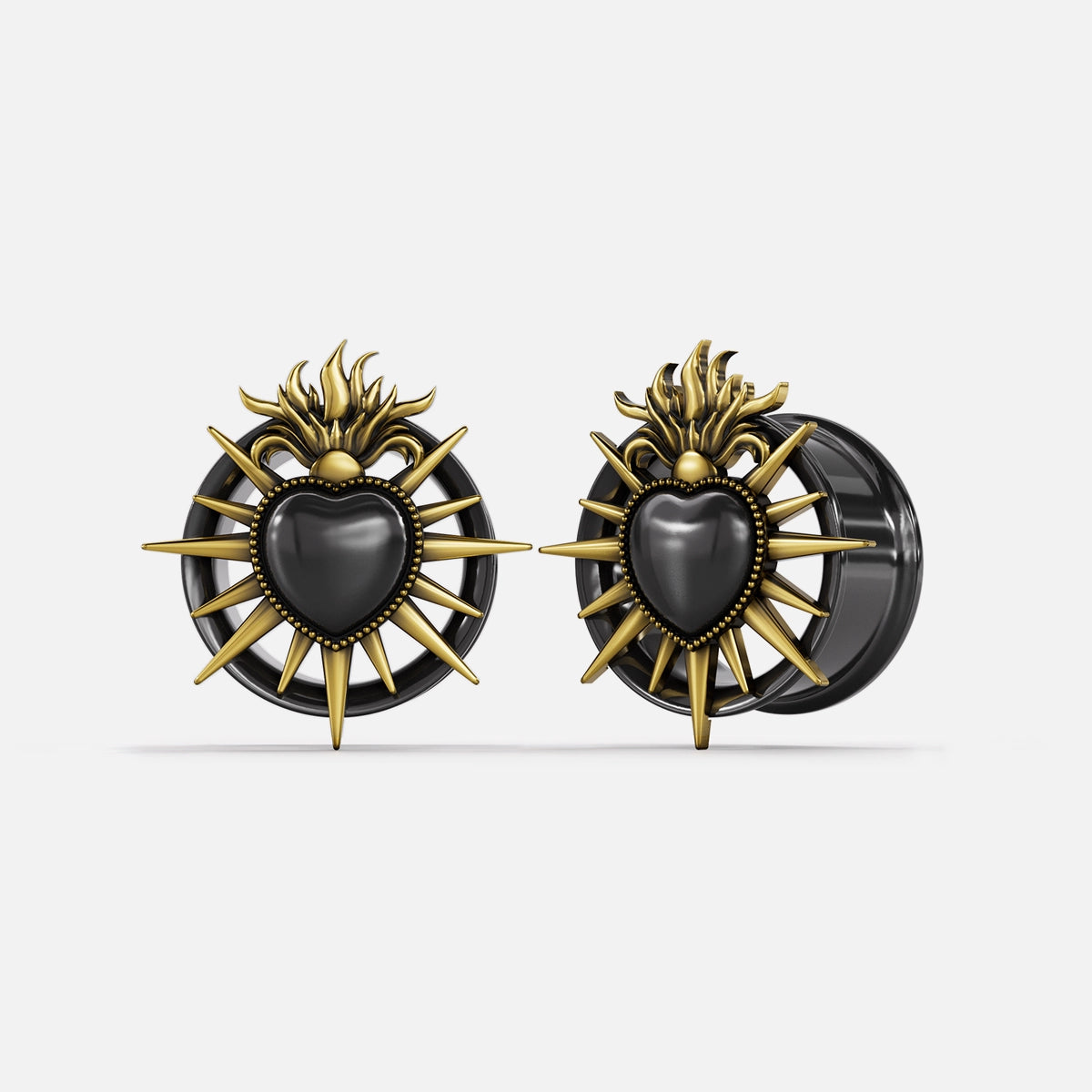 Pair of gold Sacred Flame Heart tunnels with radiating spikes