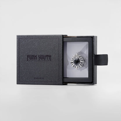Silver Sacred Flame Heart tunnel presented in a black PUNKYOUTH jewelry box