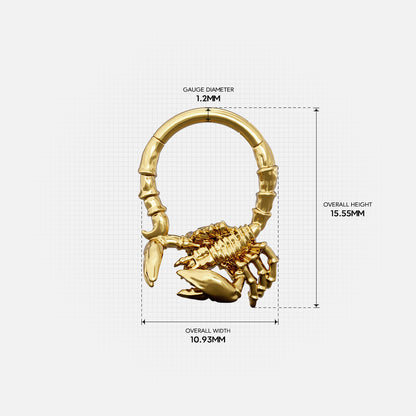 Size guide for the gold-tone Scorpion Empowerment Clicker showing the inner diameter and overall dimensions.
