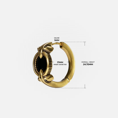 Size guide for the gold-tone Scrying Mirror Hoop Earrings showing the hoop and black obsidian setting dimensions.