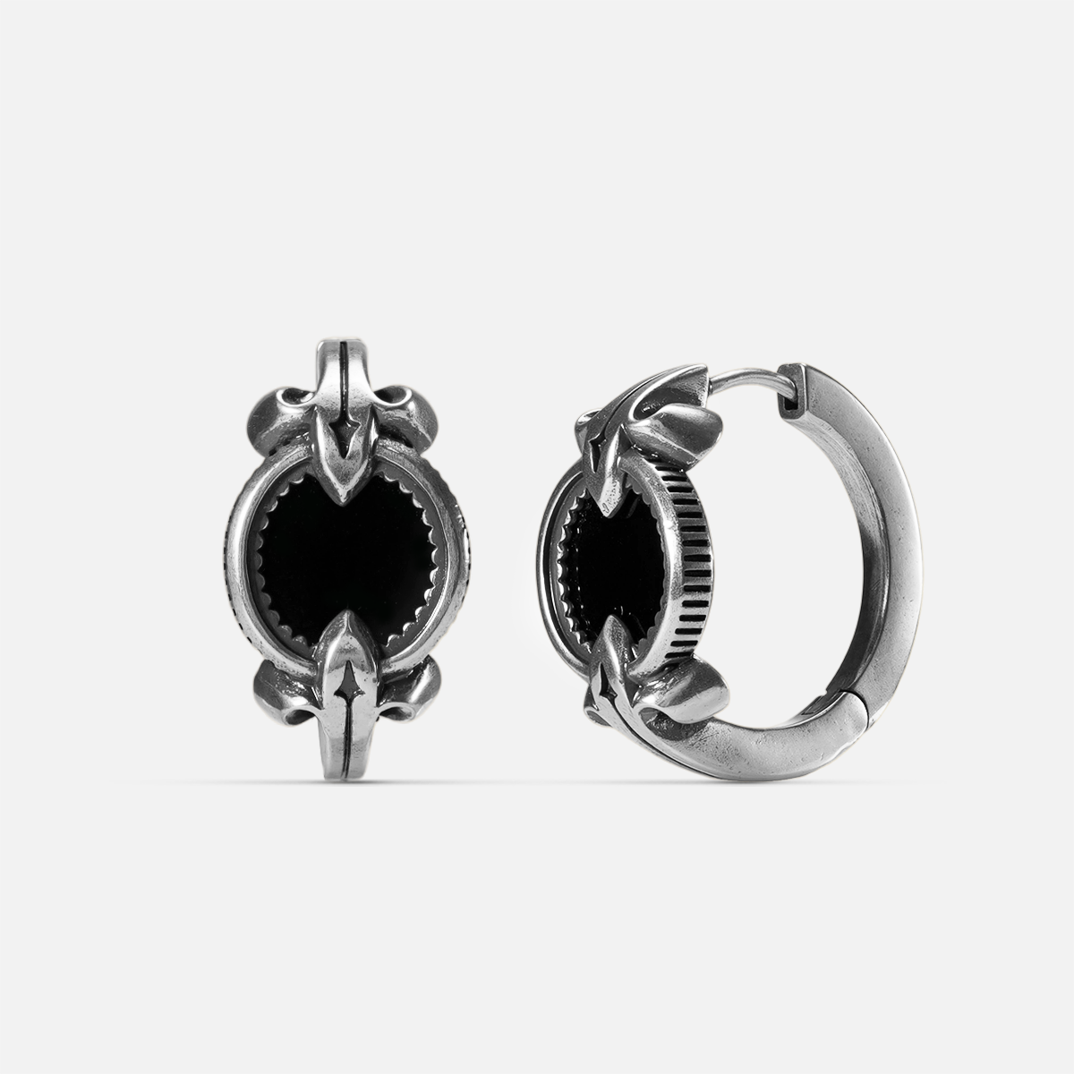 Antiqued silver-tone Scrying Mirror Hoop Earrings shown from front and side views with oval black obsidian inlays and pointed accents.