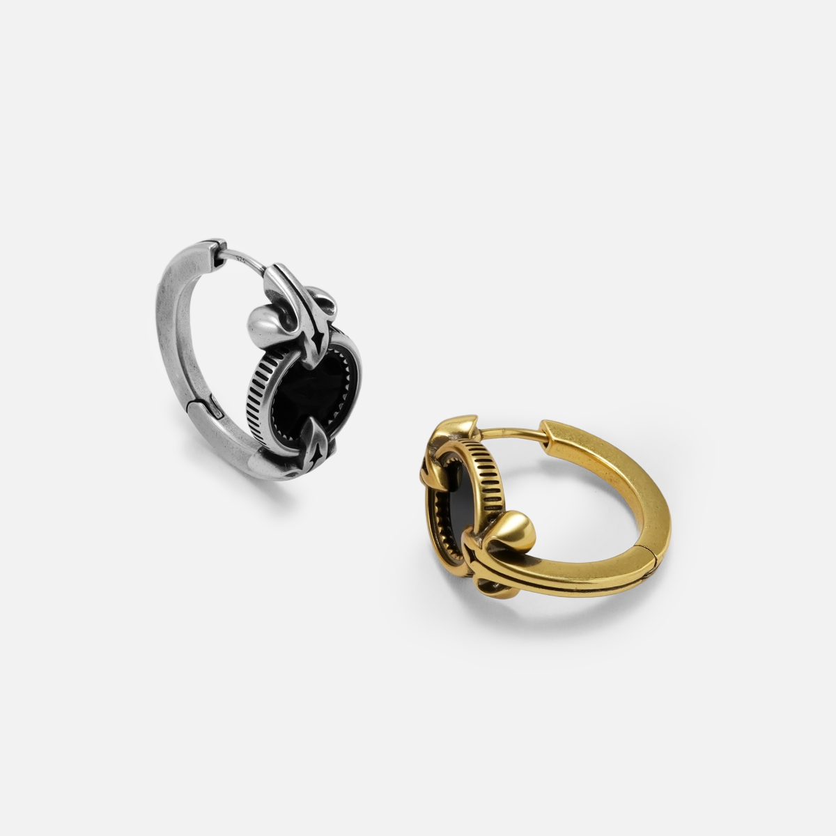 Antiqued silver- and gold-tone Scrying Mirror Hoop Earrings shown from angled views to display the hoops and black obsidian details.