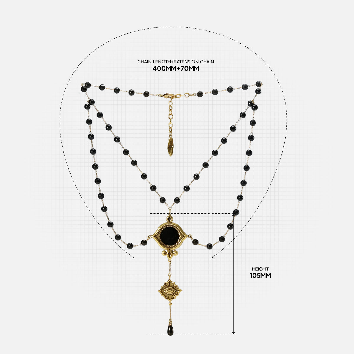 Size guide for the gold-tone Scrying Mirror Necklace showing the doubled bead chains, centerpiece, central drop, and overall dimensions.