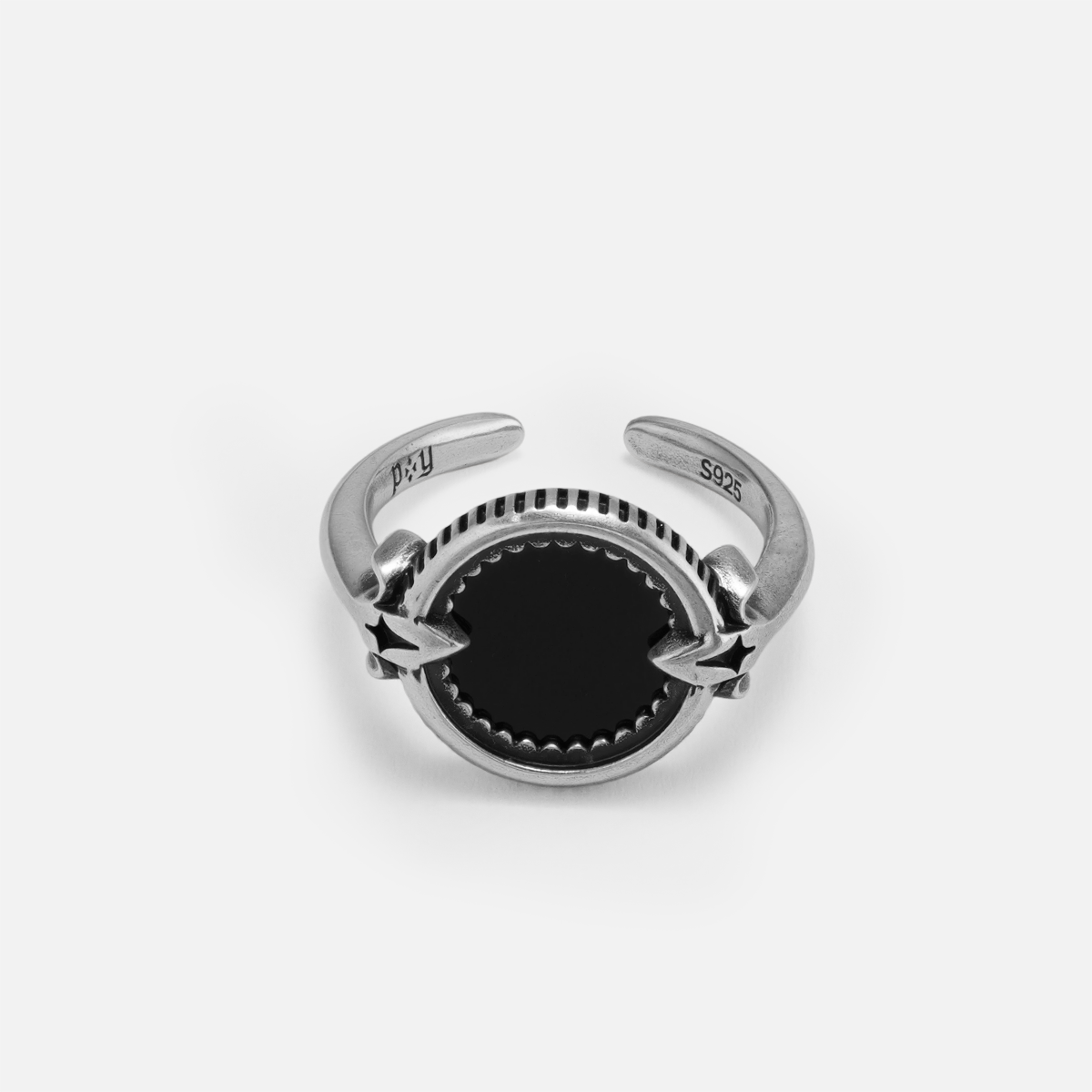 Rear view of the antiqued silver Scrying Mirror Ring showing the open adjustable band and circular stone setting.