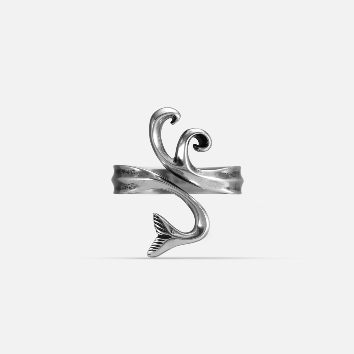 Sculptural siren tail open ring design in detailed 925 sterling silver