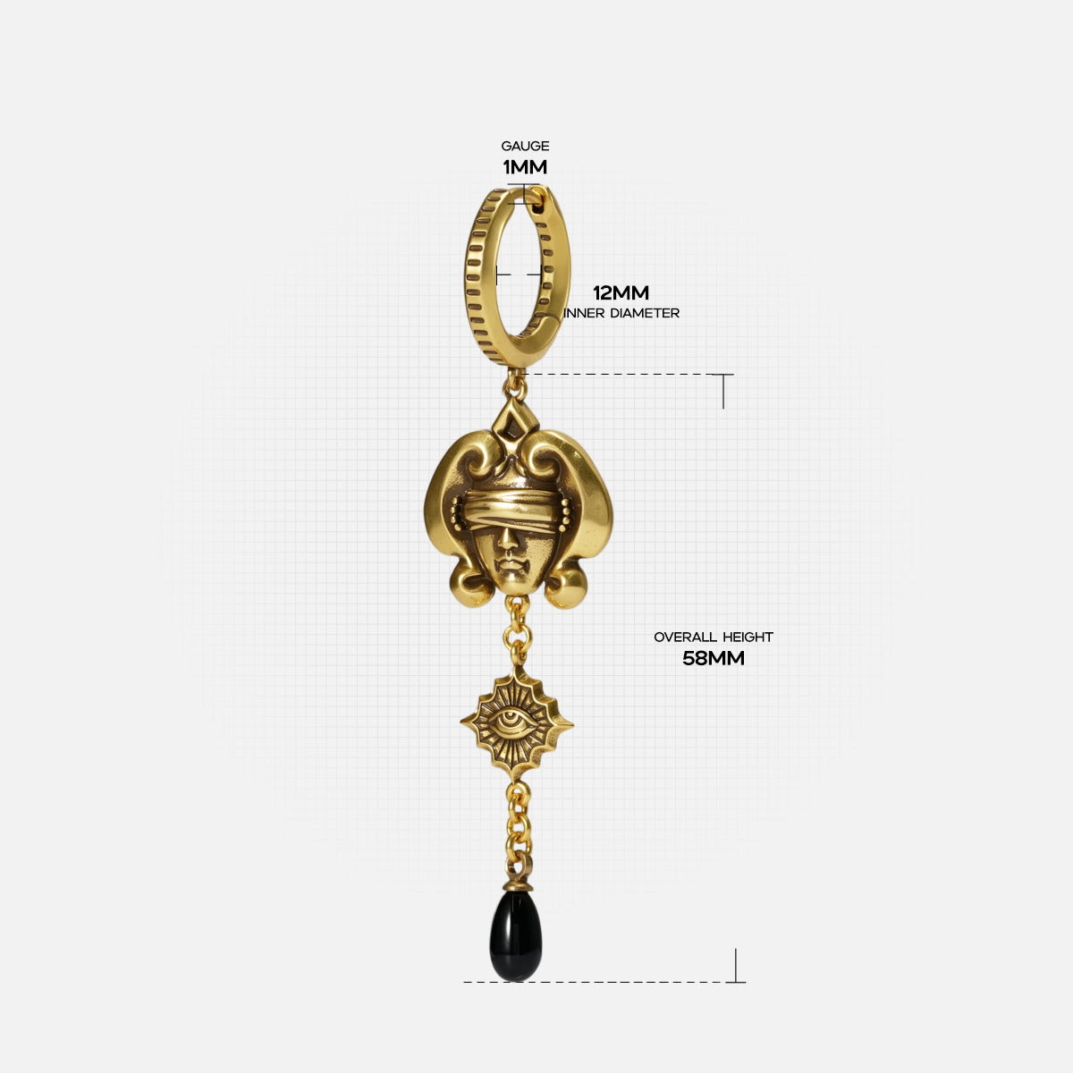 Size guide for the gold-tone Second Sight Drop Earrings showing the hoop, decorative sections, and overall drop dimensions.