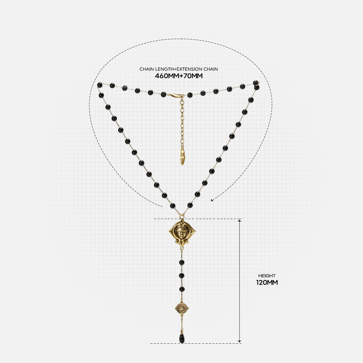 Size guide for the gold-tone Second Sight Lariat Necklace showing the beaded chain, central motif, drop, and overall dimensions.