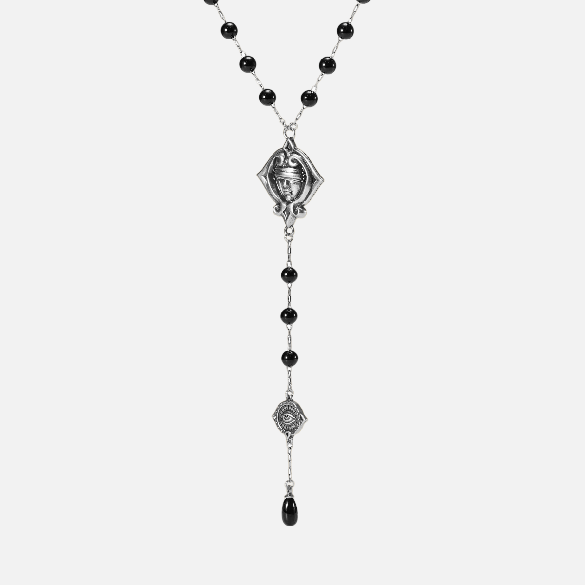Full-length front view of the antiqued silver-tone Second Sight Lariat Necklace with black beads and a long symbolic drop.