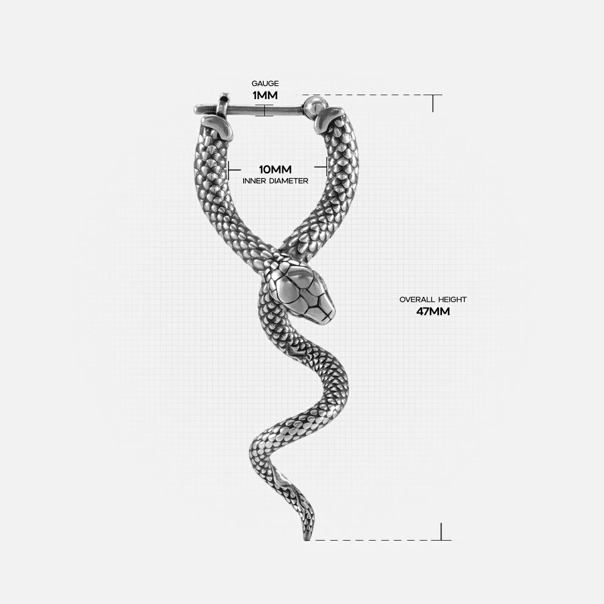 Silver Serpent Grace hoop earring with long coiled snake pendant and dimensions