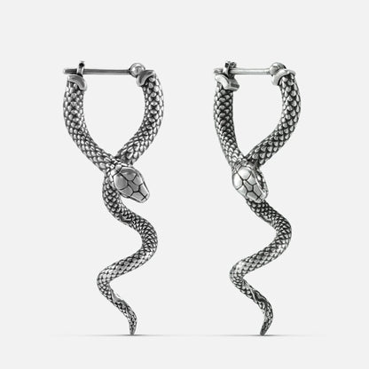 Pair of oxidized silver-tone earrings shaped like coiled serpents with textured scale detail, front view