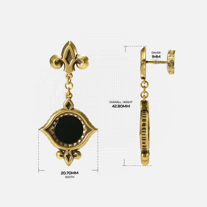 Size guide for the gold-tone Silent Lens Drop Earrings showing the full length, front dimensions, and side profile.