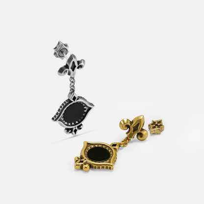 Antiqued silver- and gold-tone Silent Lens Drop Earrings displayed from angled views to show their black obsidian centers and side profiles.