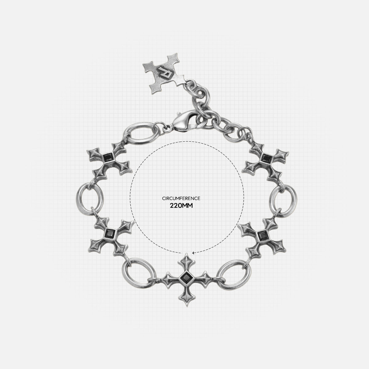 Silent Litany Bracelet measurement diagram showing bracelet length and cross-inspired link dimensions.
