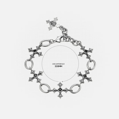 Silent Litany Bracelet measurement diagram showing bracelet length and cross-inspired link dimensions.