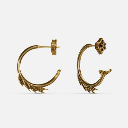 Gold Siren Crest Earrings with fin-like ridges, curved half-hoop design, and 925 silver posts on a clean background.