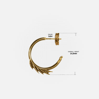 Size guide image for the gold Siren Crest Earrings, showing the half-hoop size, post placement, and curved fin-like design.