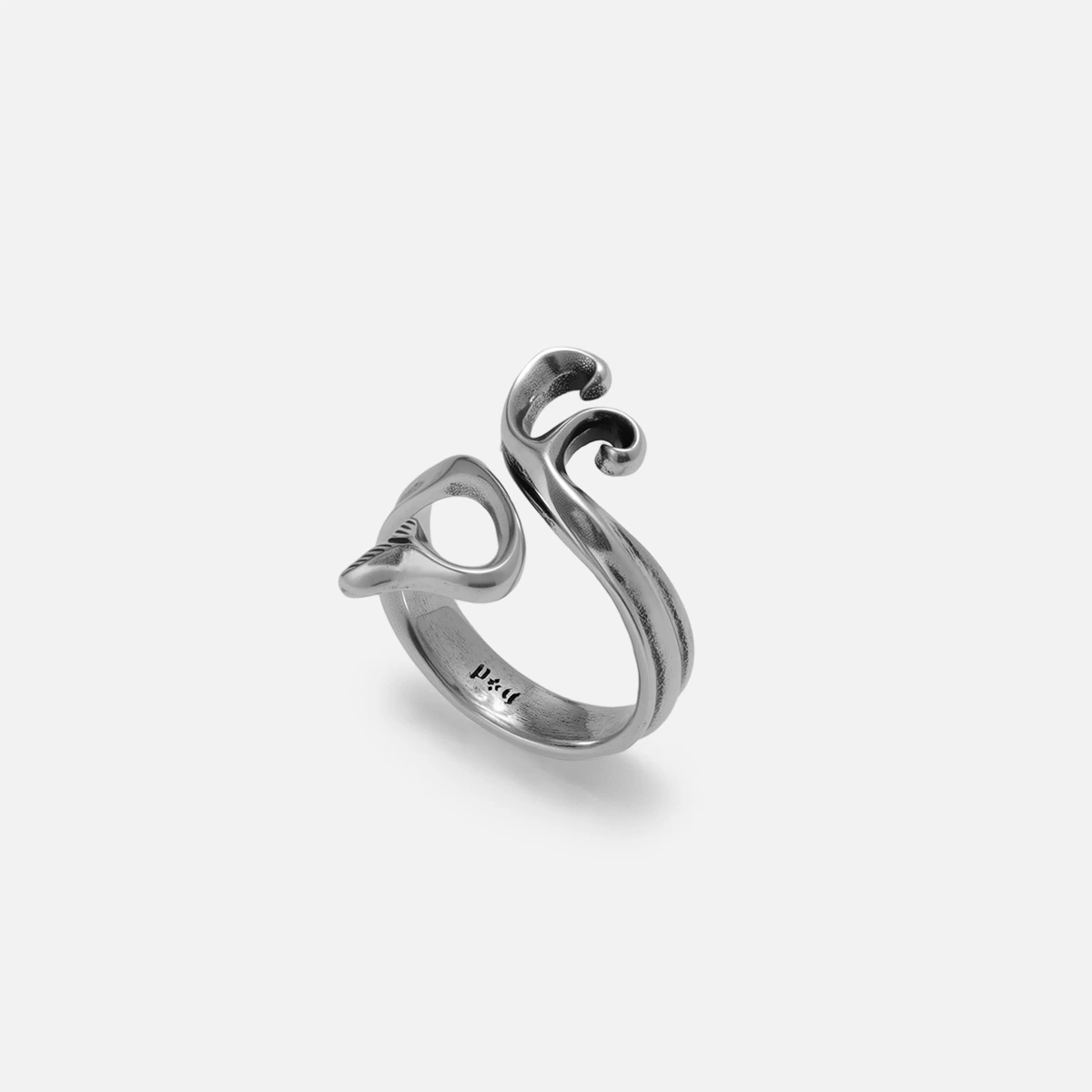 Siren tail ring in 925 sterling silver with antiqued finish showing fluid sculptural wave curve