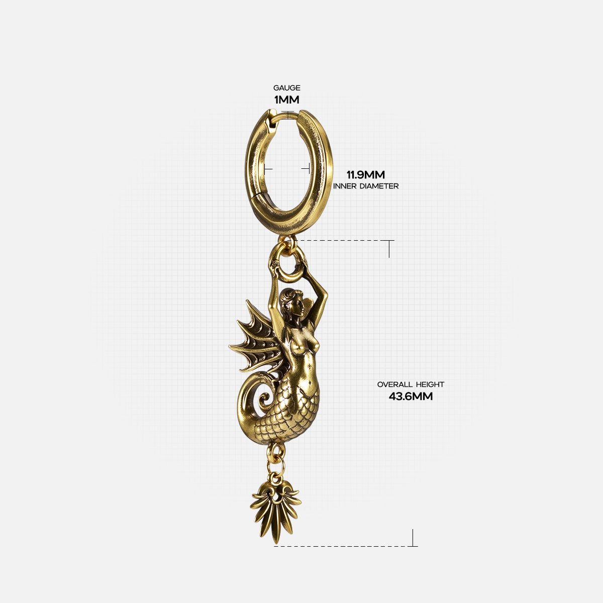 Size guide image for the gold Siren's Dirge Earrings, showing the hoop size, earring length, and sculpted siren charm measurements.