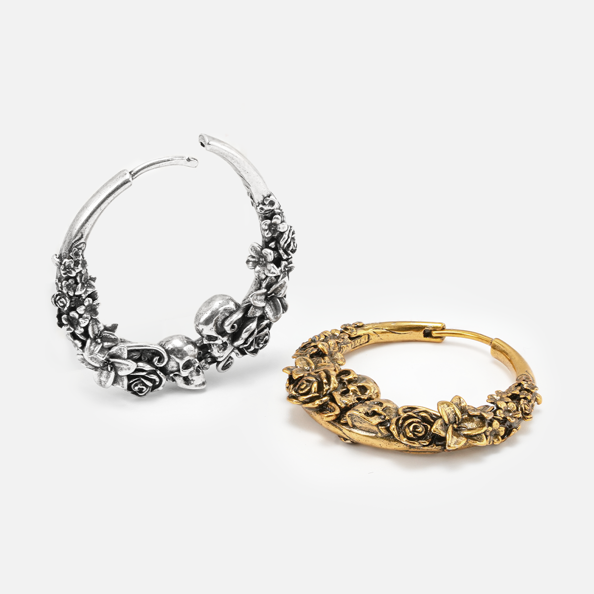 Silver and gold Skull Blossom hoop earrings with rose and skull details