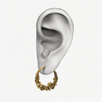 Gold Skull Blossom hoop earring shown on an ear illustration