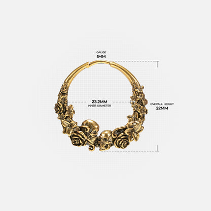 Gold Skull Blossom hoop earring with rose and skull details and dimensions