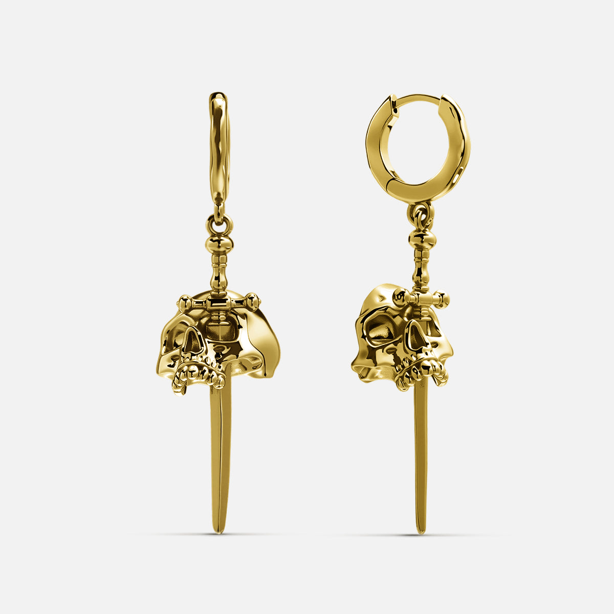 Gold-tone skull and dagger drop earrings with huggie hoops, front view pair