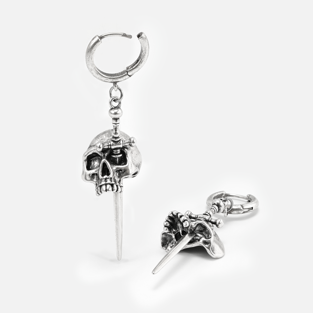 Pair of silver Skull Dagger hoop earrings shown upright and lying flat