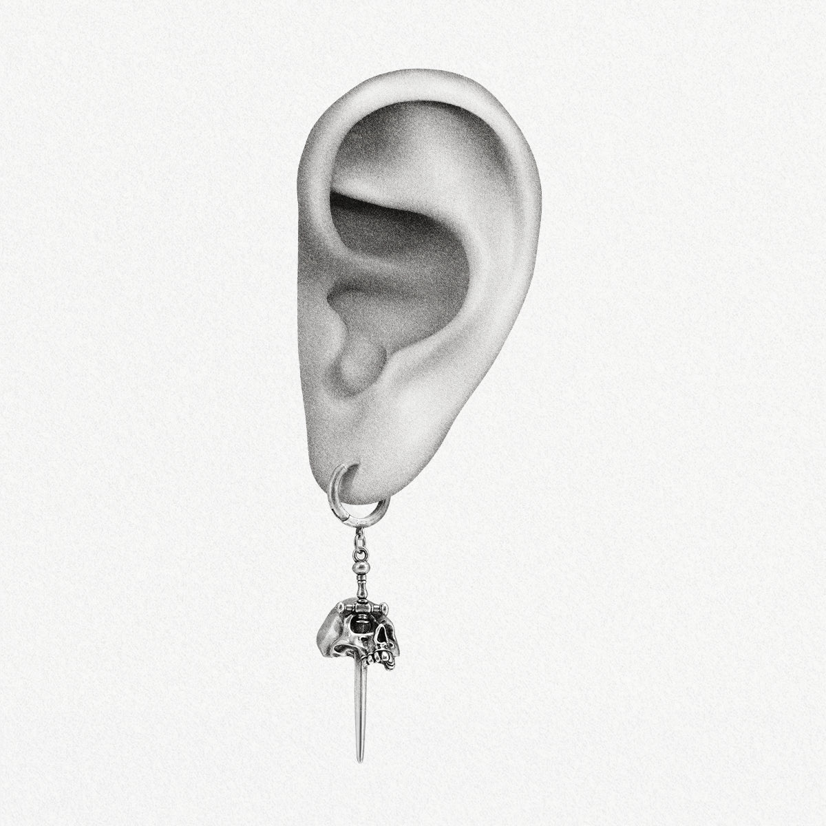 Silver Skull Dagger hoop earring shown on an ear illustration