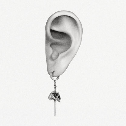 Silver Skull Dagger hoop earring shown on an ear illustration