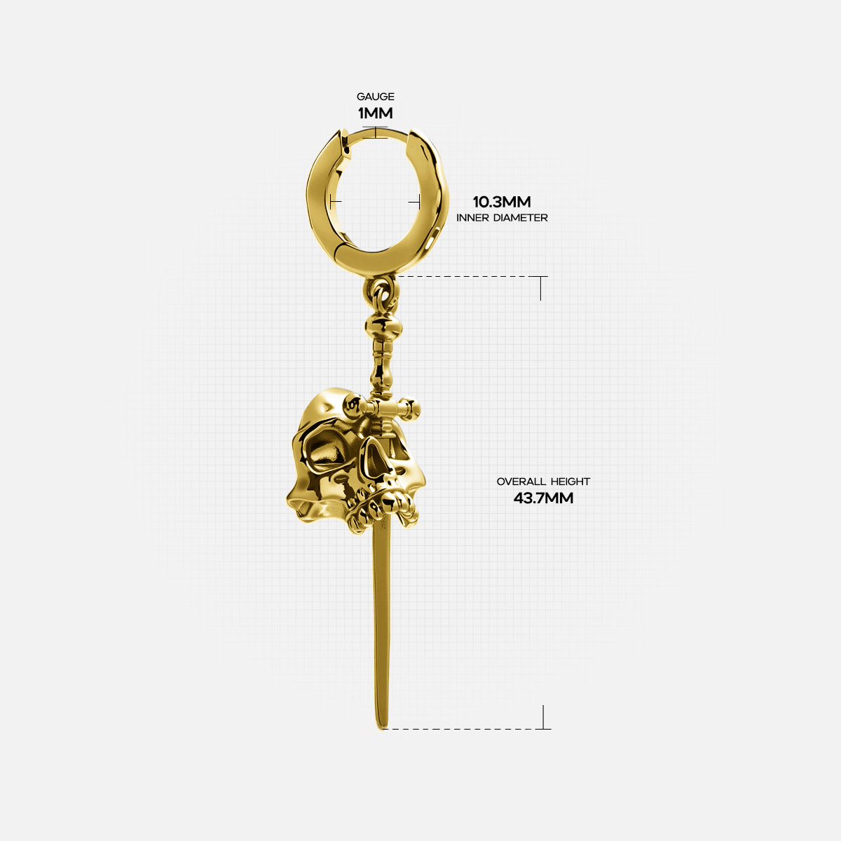 Gold Skull Dagger hoop earring with skull and blade pendant dimensions
