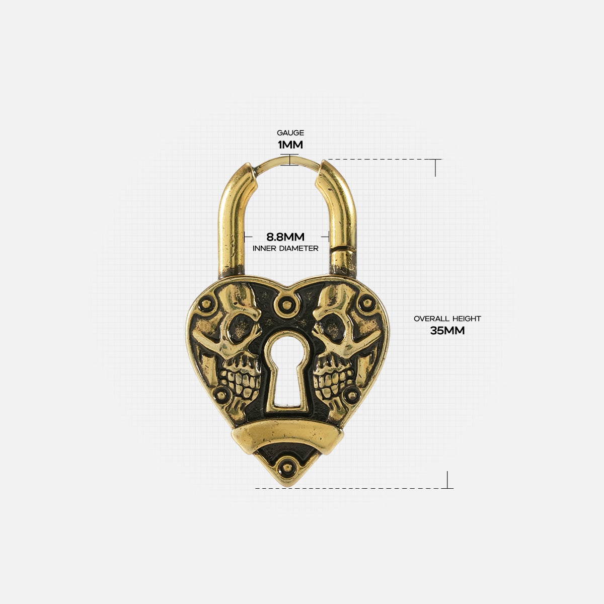 Gold Skull Heartlock hoop earring with keyhole and skull details and dimensions