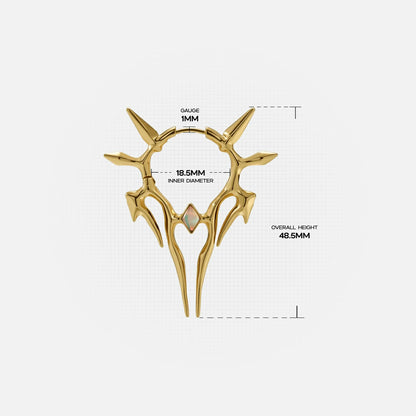 Gold Solar Guardian earring with angular spiked frame and measurement details