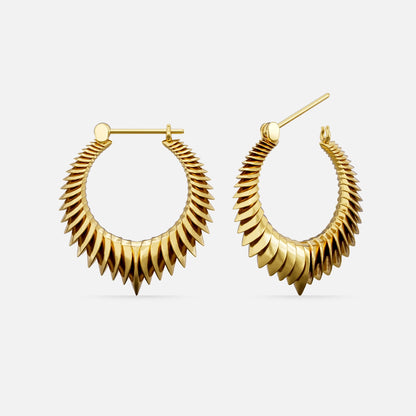 Pair of gold-tone hoop earrings with a layered spine motif, front and side view