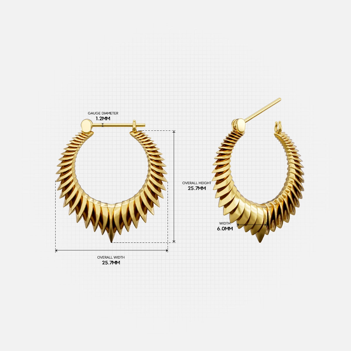 Gold Spine Halo hoop earring with pointed ridges and measurement details