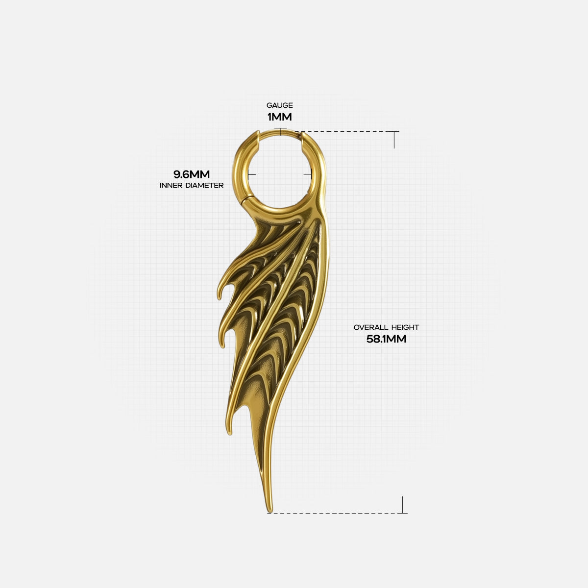 Size guide image for the gold Spined Wing Earrings, showing the hoop size, earring length, and ribbed wing drop design.