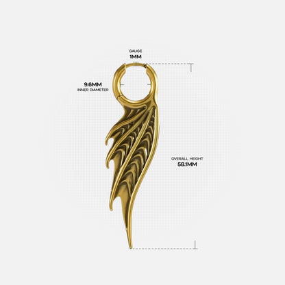 Size guide image for the gold Spined Wing Earrings, showing the hoop size, earring length, and ribbed wing drop design.
