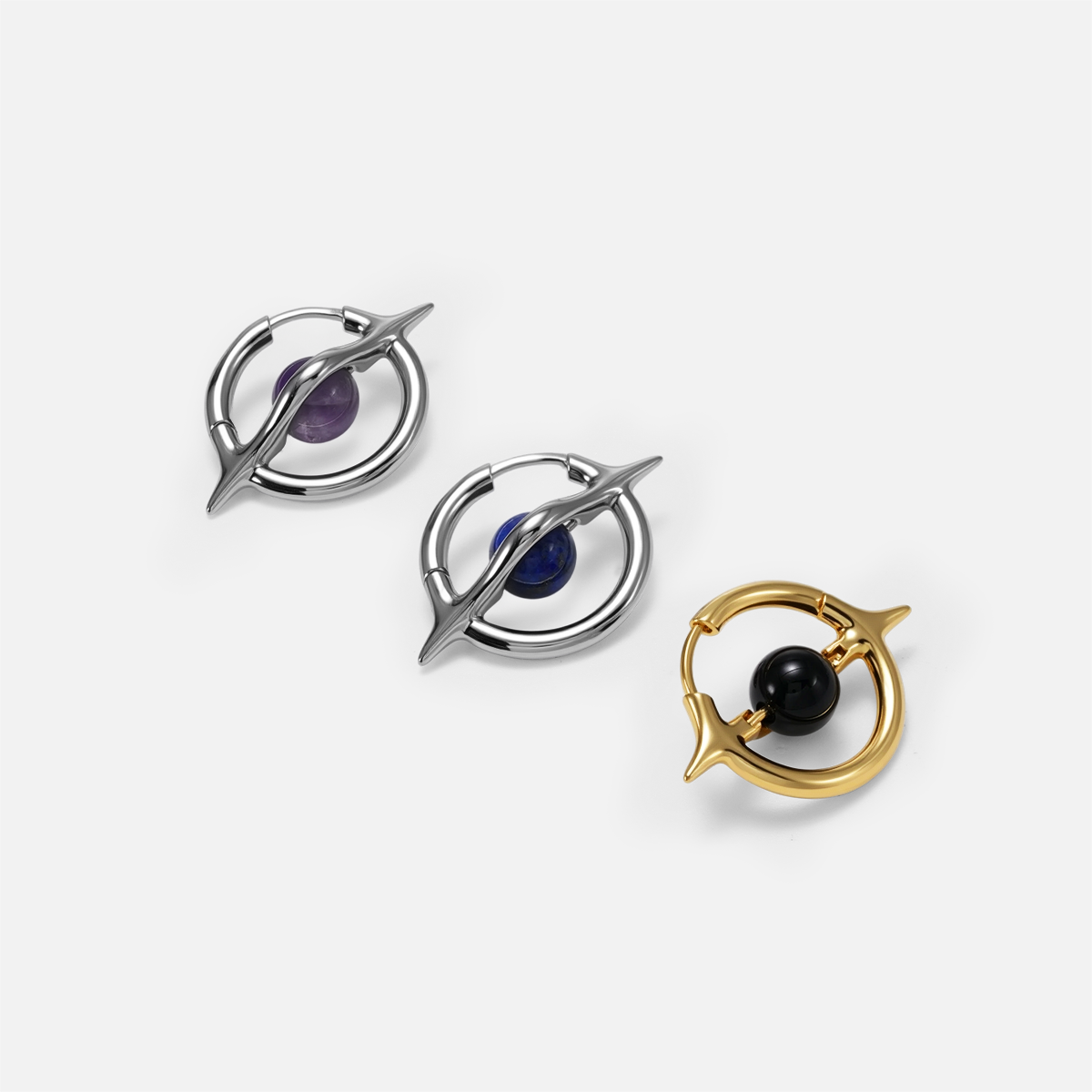 Stellar Axis Earrings shown with lapis, amethyst, and obsidian gemstone options