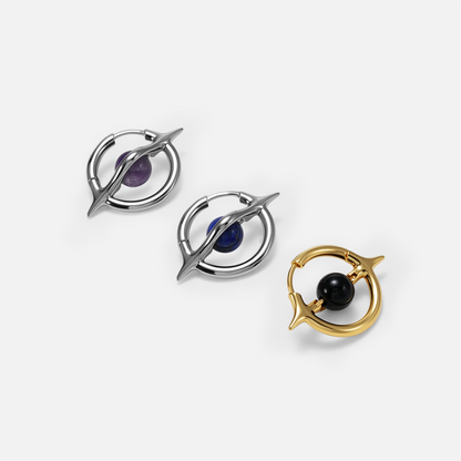 Stellar Axis Earrings shown with lapis, amethyst, and obsidian gemstone options