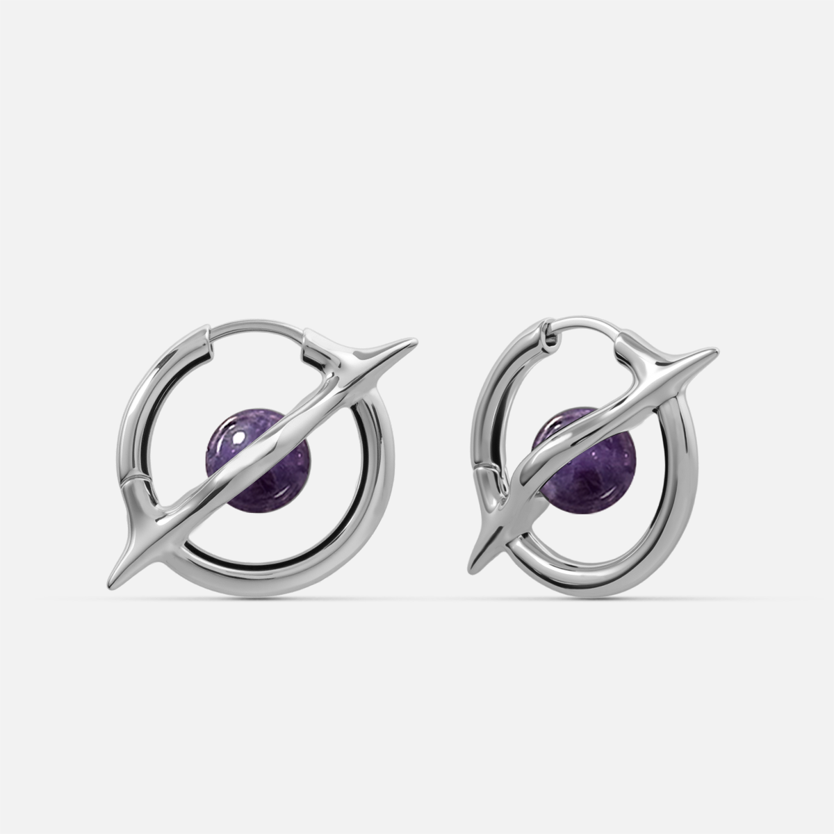 Stellar Axis Earrings in silver tone with amethyst gemstone and balanced orbital silhouette