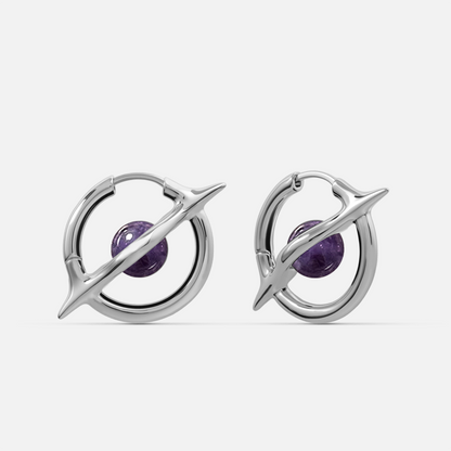Stellar Axis Earrings in silver tone with amethyst gemstone and balanced orbital silhouette
