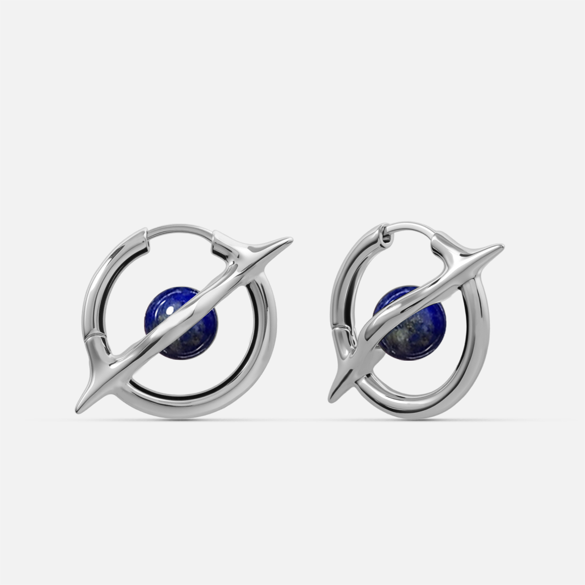 Stellar Axis Earrings in silver tone with lapis lazuli gemstone and orbital axis frame