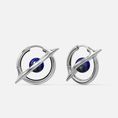Stellar Axis Earrings in silver tone with lapis lazuli gemstone and orbital axis frame