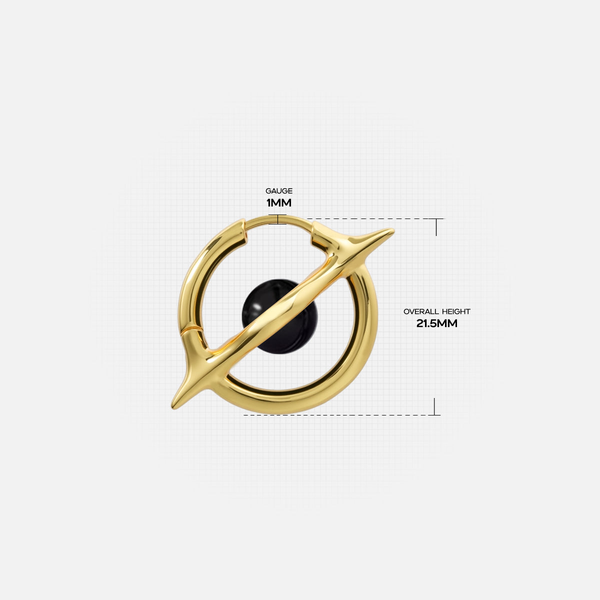 Stellar Axis Earrings size guide showing hoop diameter and orbital gemstone proportions