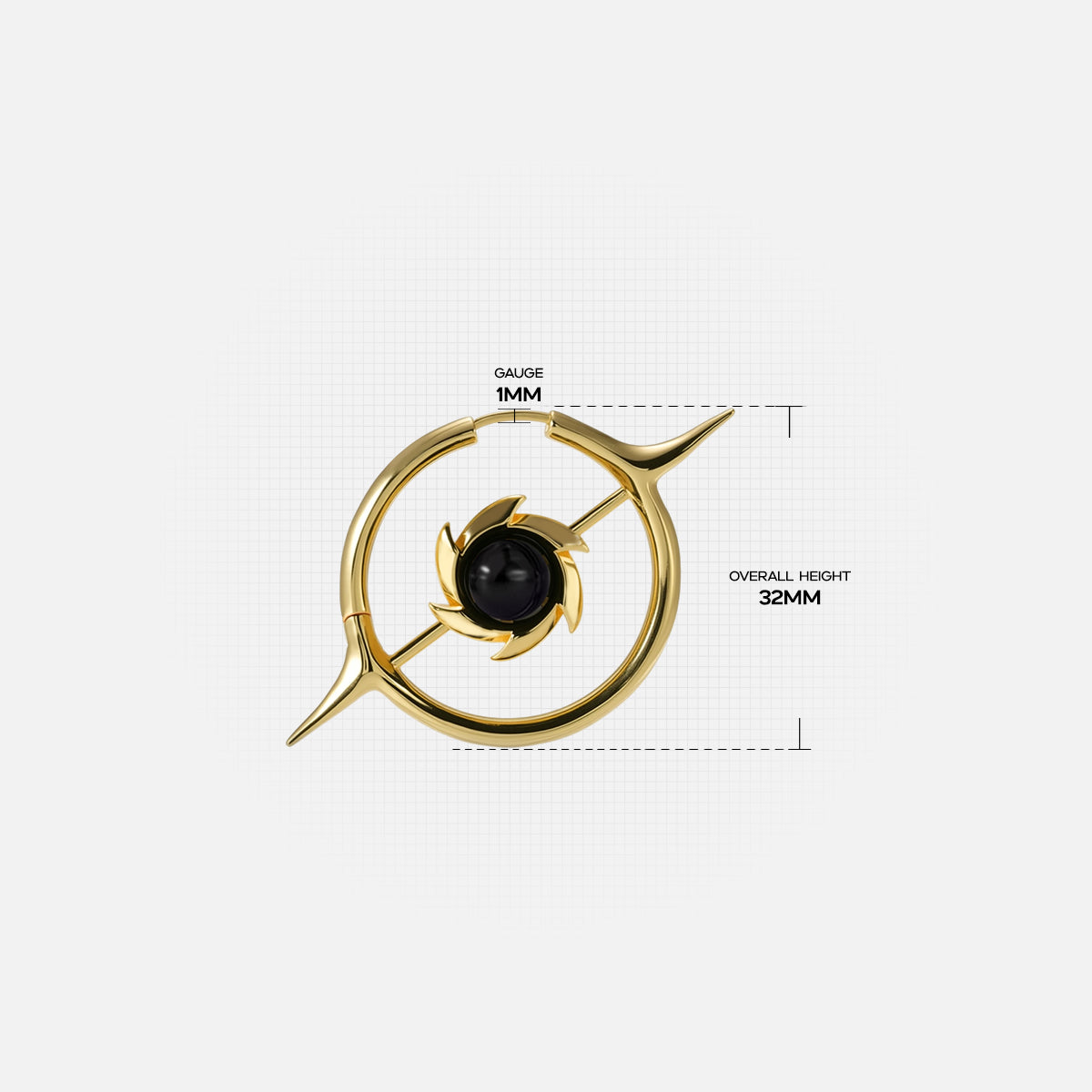 Gold Stellar Constellation earring with black center and measurement details