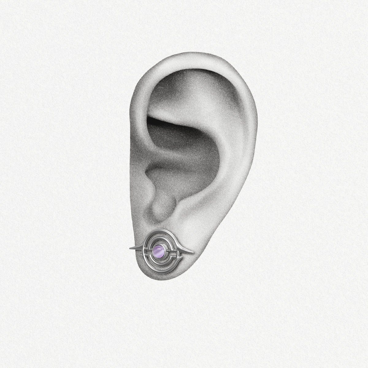 Silver Stellar Grace ear stud with purple center shown on an ear illustration