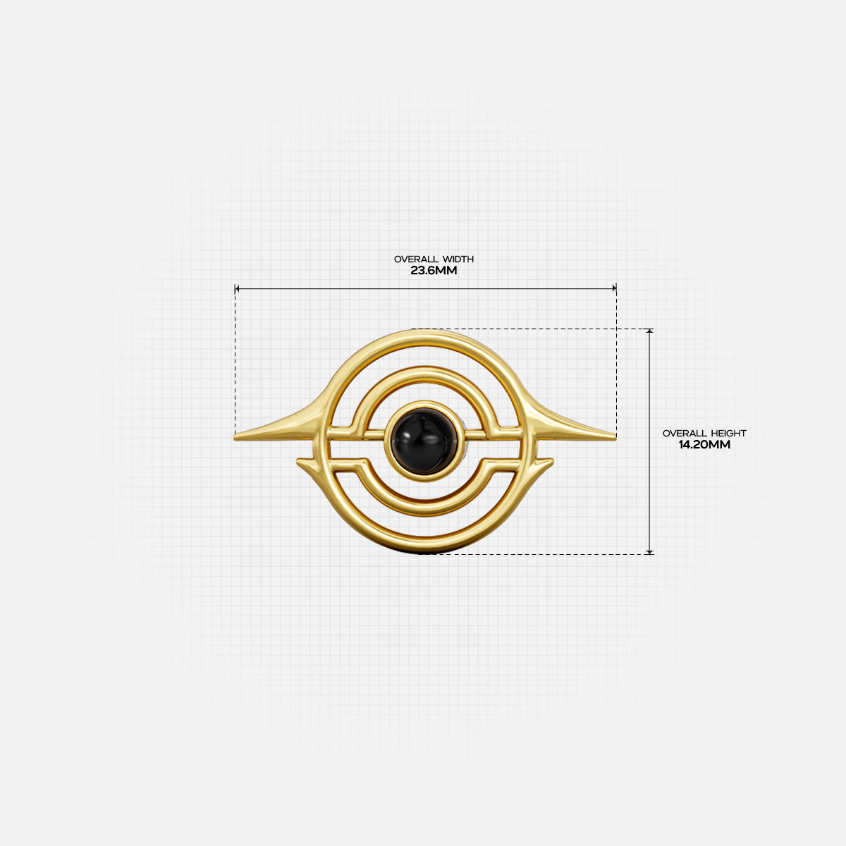 Gold Stellar Grace ear stud with black center and measurement details