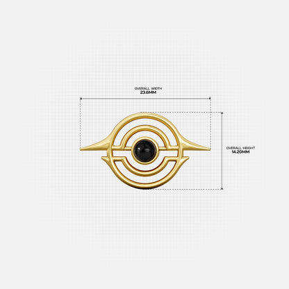 Gold Stellar Grace ear stud with black center and measurement details